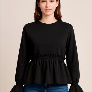 ZARA Black Peplum Ruffle Hem Long Sleeve Top –‎ Size Small